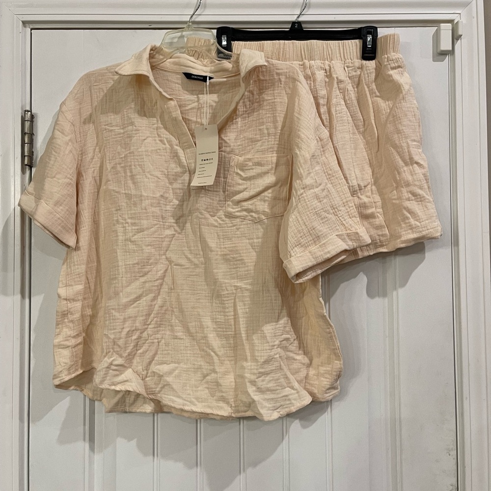Beige muslin 100% cotton Shirt and Shorts Set